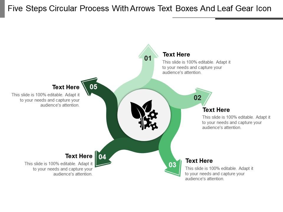 Five steps circular process with arrows text boxes and leaf gear icon Slide01