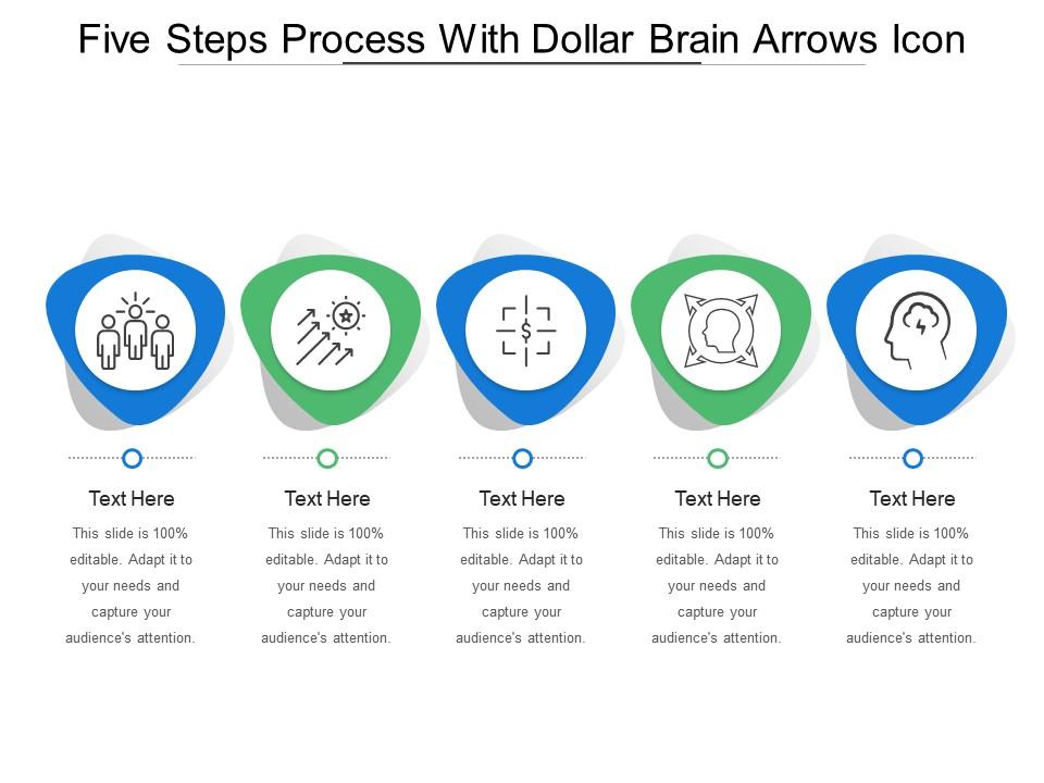 Five steps process with dollar brain arrows icon Slide01