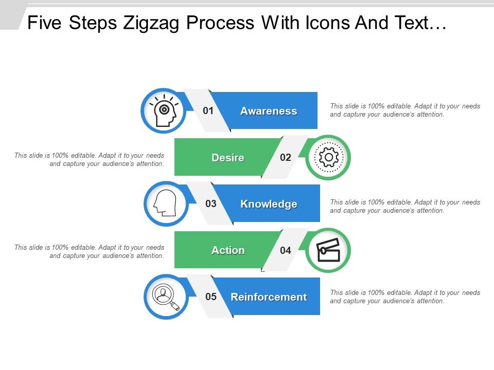 Five steps zigzag process with icons and text holders Slide01