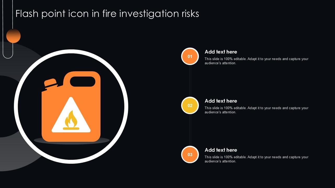 Flash Point Icon In Fire Investigation Risks Ppt Powerpoint
