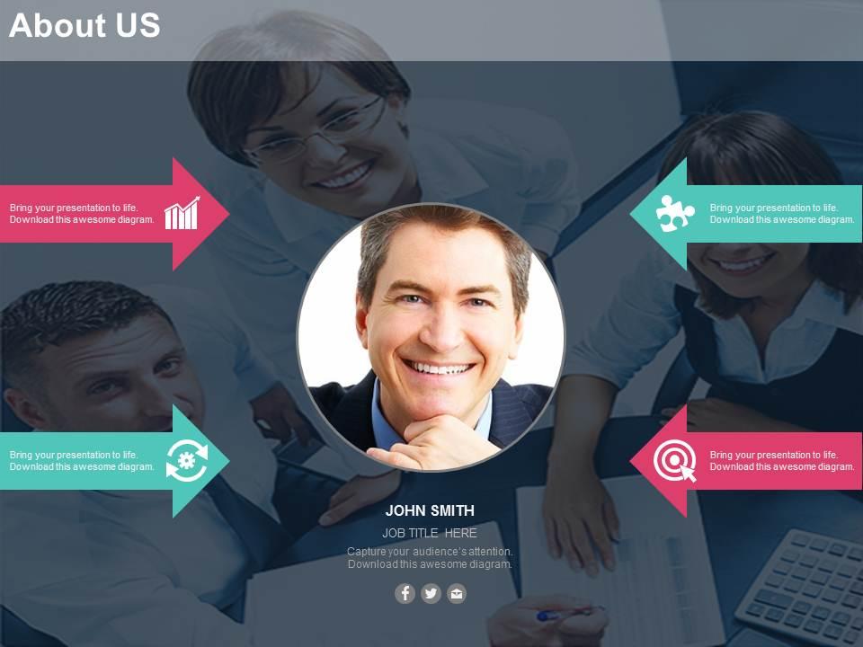 Four arrows and icons for about us powerpoint slides Slide01