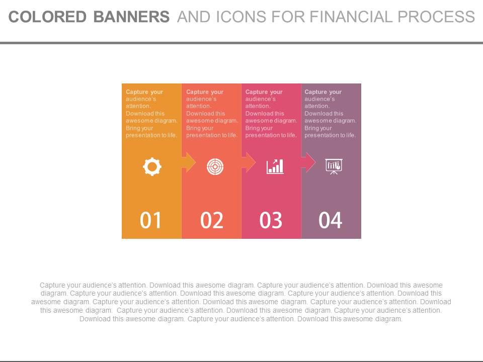 Four colored banners and icons for financial process powerpoint slides Slide01
