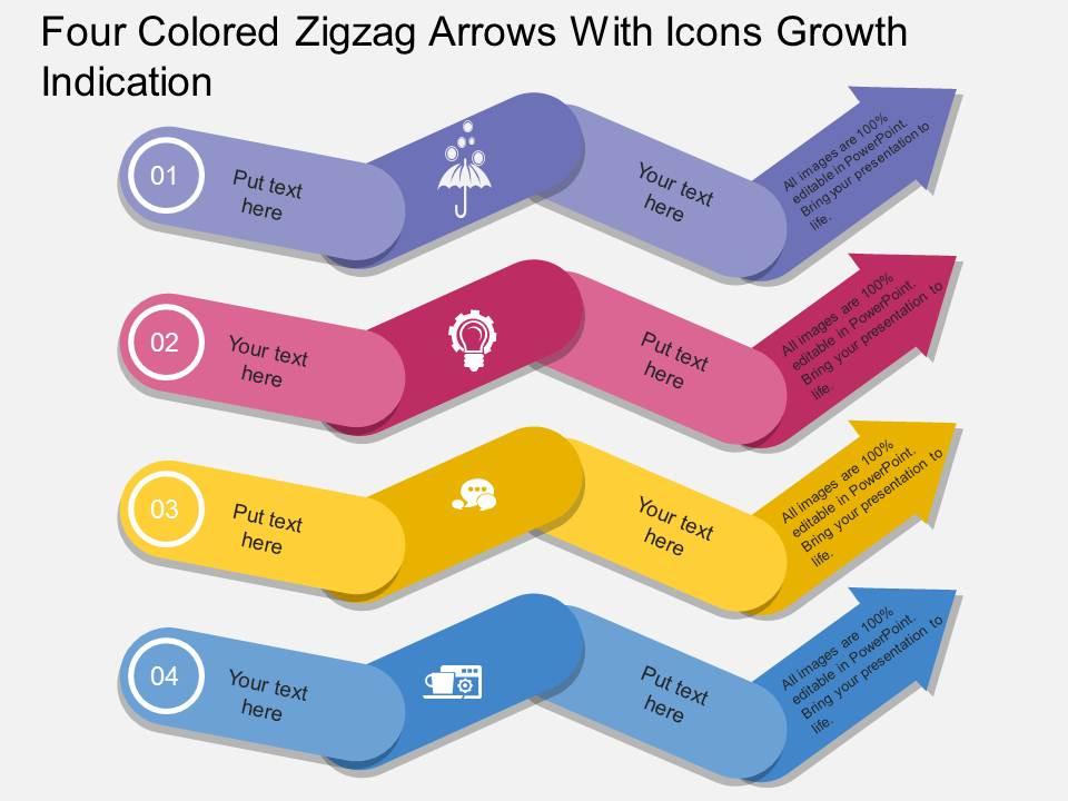 Four colored zigzag arrows with icons growth indication flat powerpoint desgin Slide01
