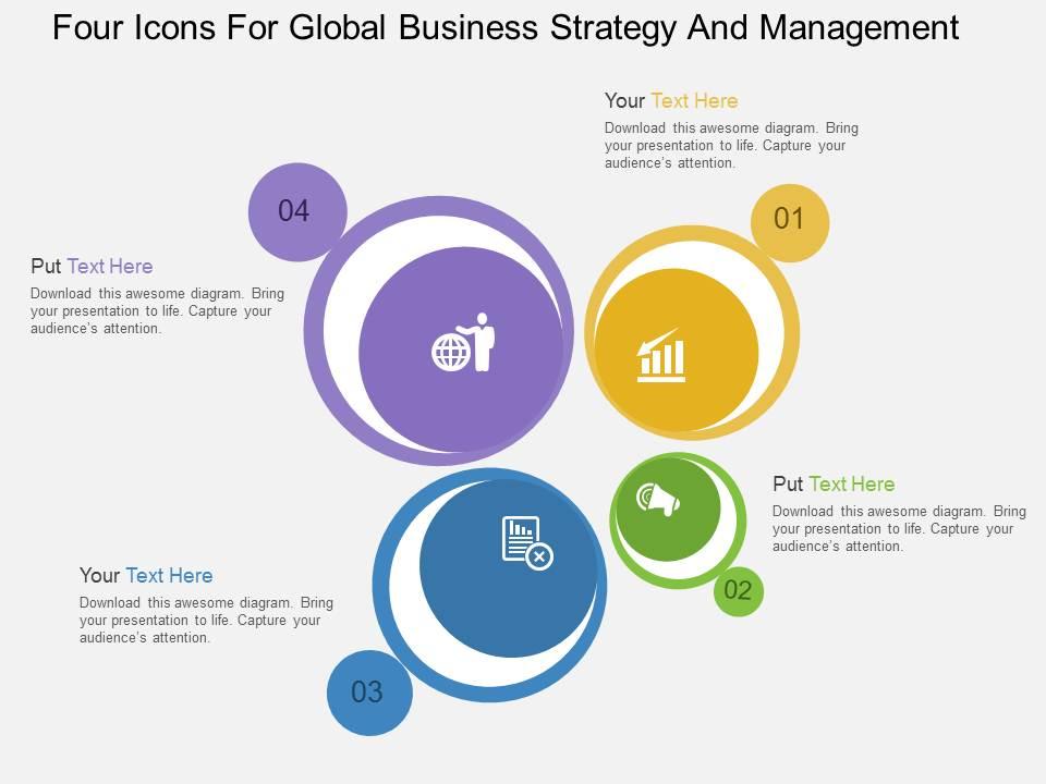 Four icons for global business strategy and management flat powerpoint design Slide01