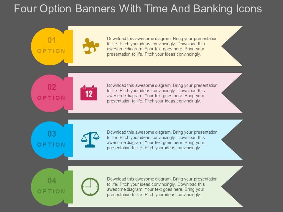 Four option banners with time and banking icons flat powerpoint design Slide01