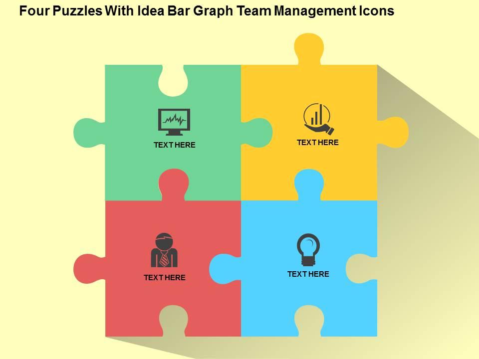 Four puzzles with idea bar graph team management icons flat powerpoint design Slide01