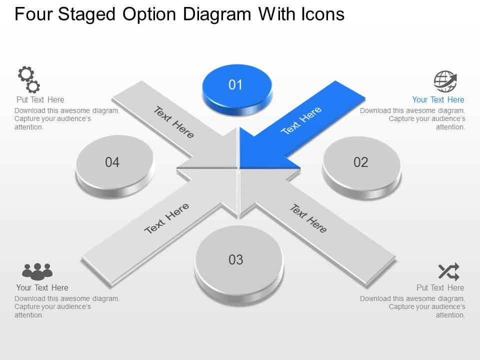 Four staged option diagram with icons powerpoint template slide Slide01