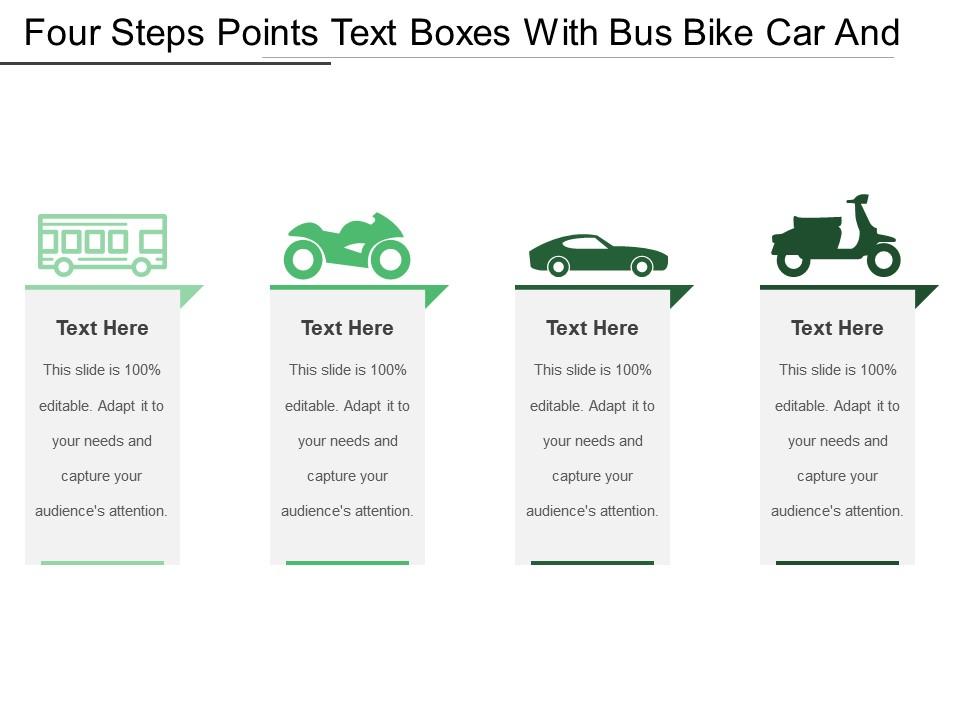 Four steps points text boxes with bus bike car and scooter icon Slide01