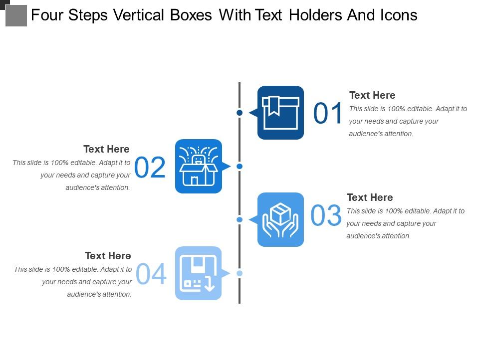 Four steps vertical boxes with text holders and icons Slide01