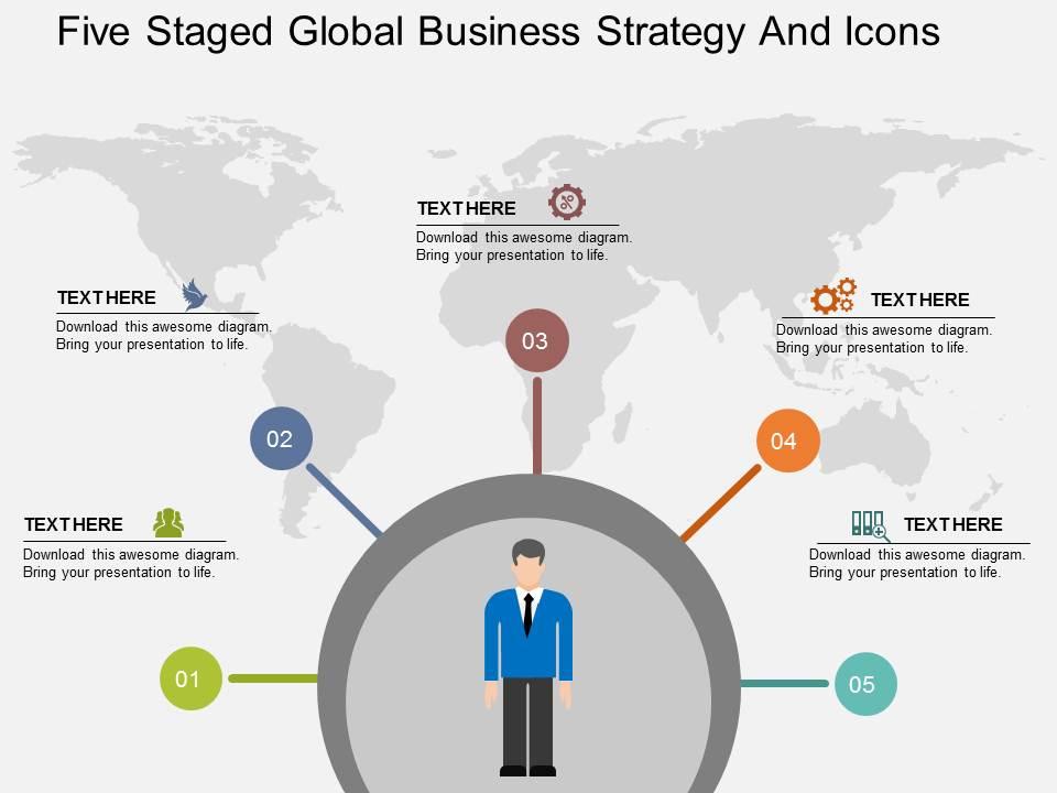 Fu five staged global business strategy and icons flat powerpoint design Slide01