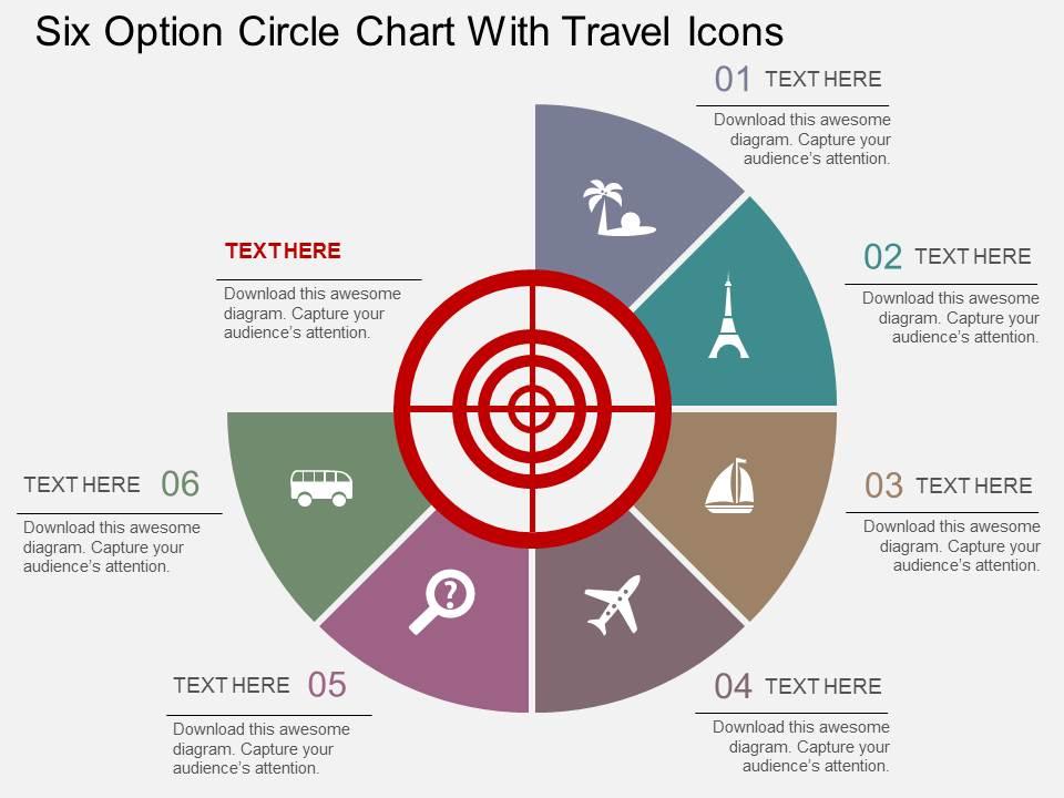 Fx six option circle chart with travel icons flat powerpoint design Slide01