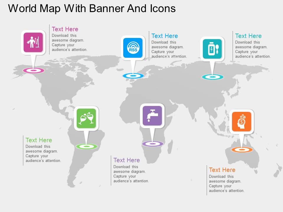 Gf world map with banner and icons flat powerpoint design Slide01