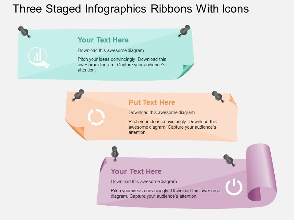 Gg three staged infographics ribbons with icons powerpoint template Slide01
