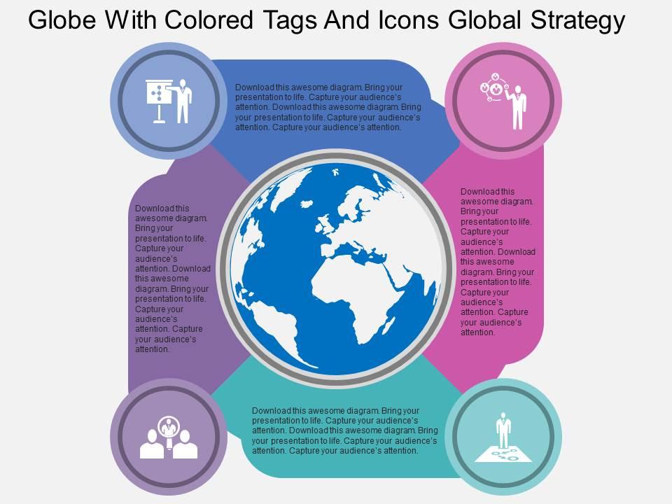 Globe with colored tags and icons global strategy flat powerpoint design Slide01