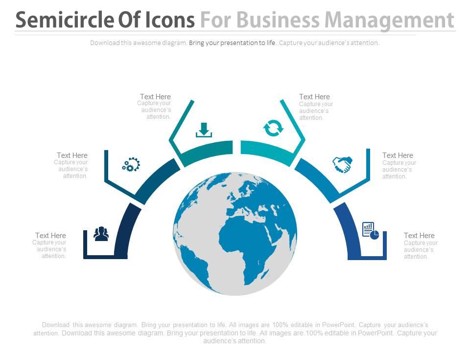 Globe with semicircle of icons for business management powerpoint slides Slide01