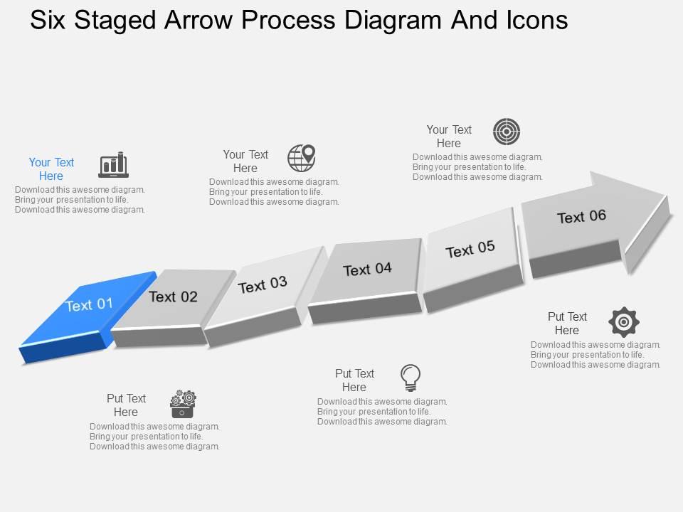 Gn six staged arrow process diagram and icons powerpoint template Slide01