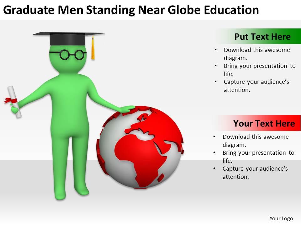 Graduate men standing near globe education ppt graphics icons powerpoint Slide01