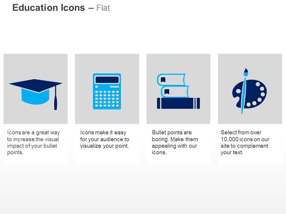 Graduation cap calculator books paint brush and tray ppt icons graphics Slide01