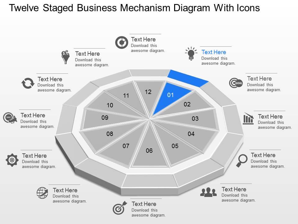 Gy twelve staged business mechanism diagram with icons powerpoint template Slide01