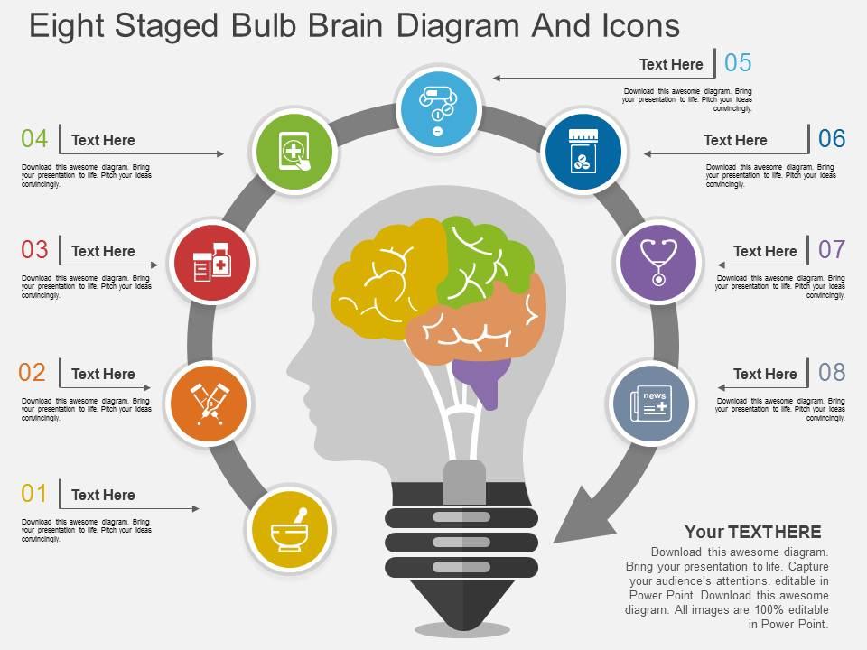 Hd eight staged bulb brain diagram and icons flat powerpoint design Slide01