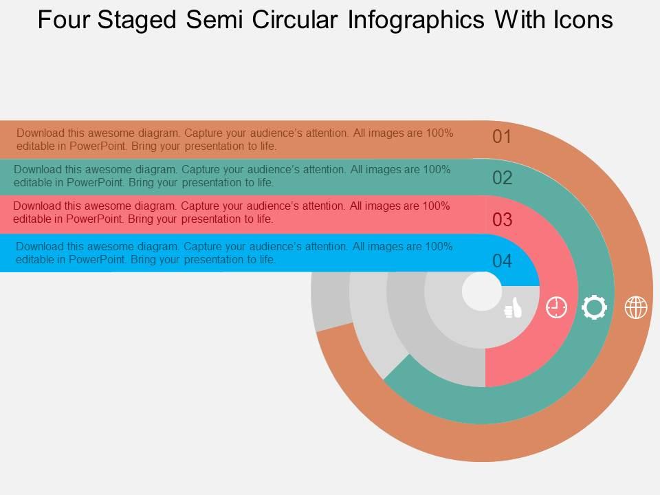 Hh four staged semi circular infographics with icons flat powerpoint design Slide01