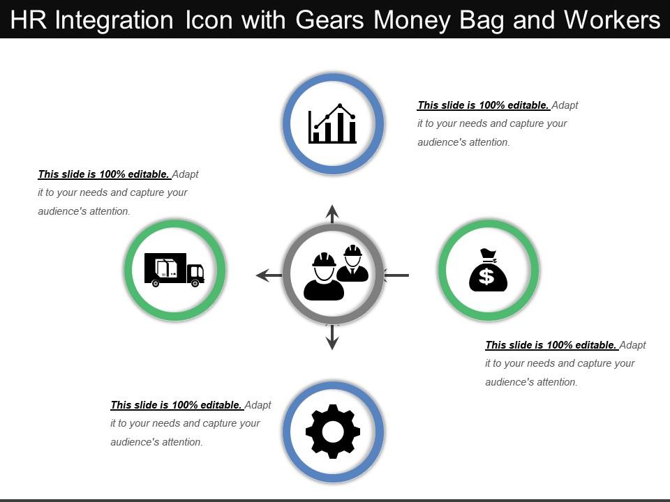 Hr integration icon with gears money bag and workers Slide01
