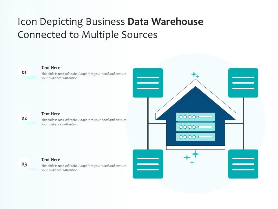 Icon depicting business data warehouse connected to multiple sources Slide01