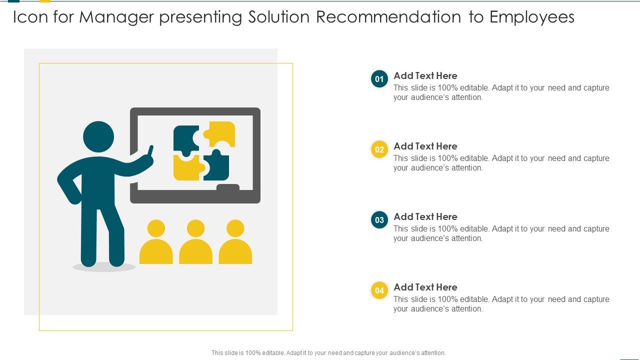 Icon For Manager Presenting Solution Recommendation To Employees Slide01