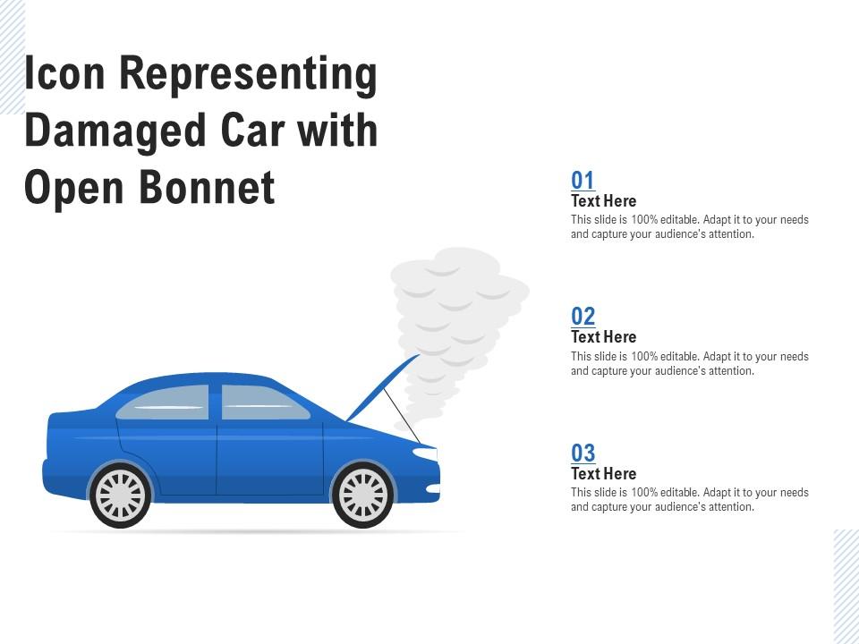 Icon representing damaged car with open bonnet Slide01