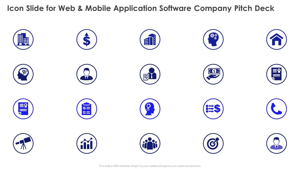 Icon slide for web and mobile application software company pitch deck Slide01