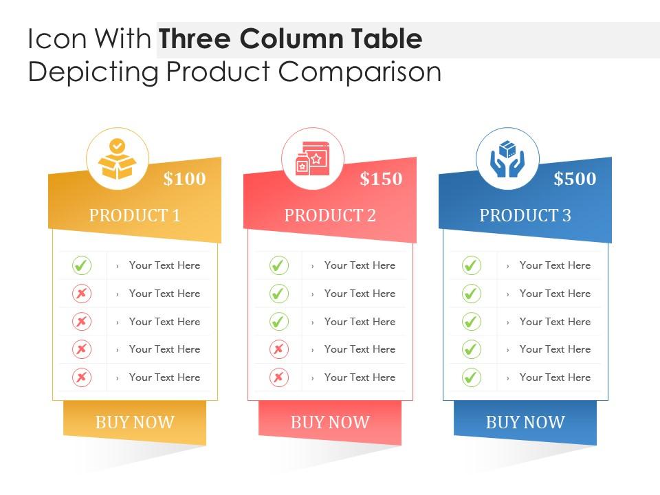 Icon with three column table depicting product comparison Slide01