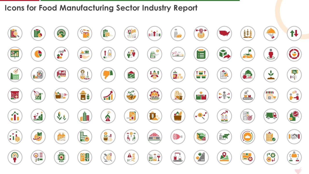 Icons For Food Manufacturing Sector Industry Report Ppt Infographics Tips Slide01