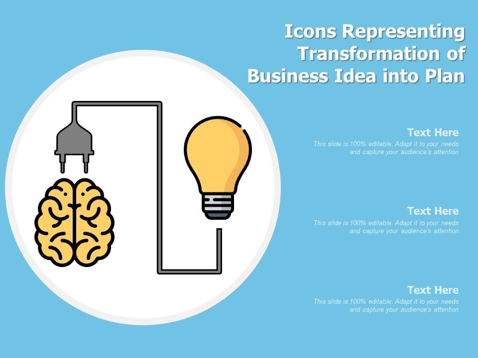 Icons representing transformation of business idea into plan Slide01