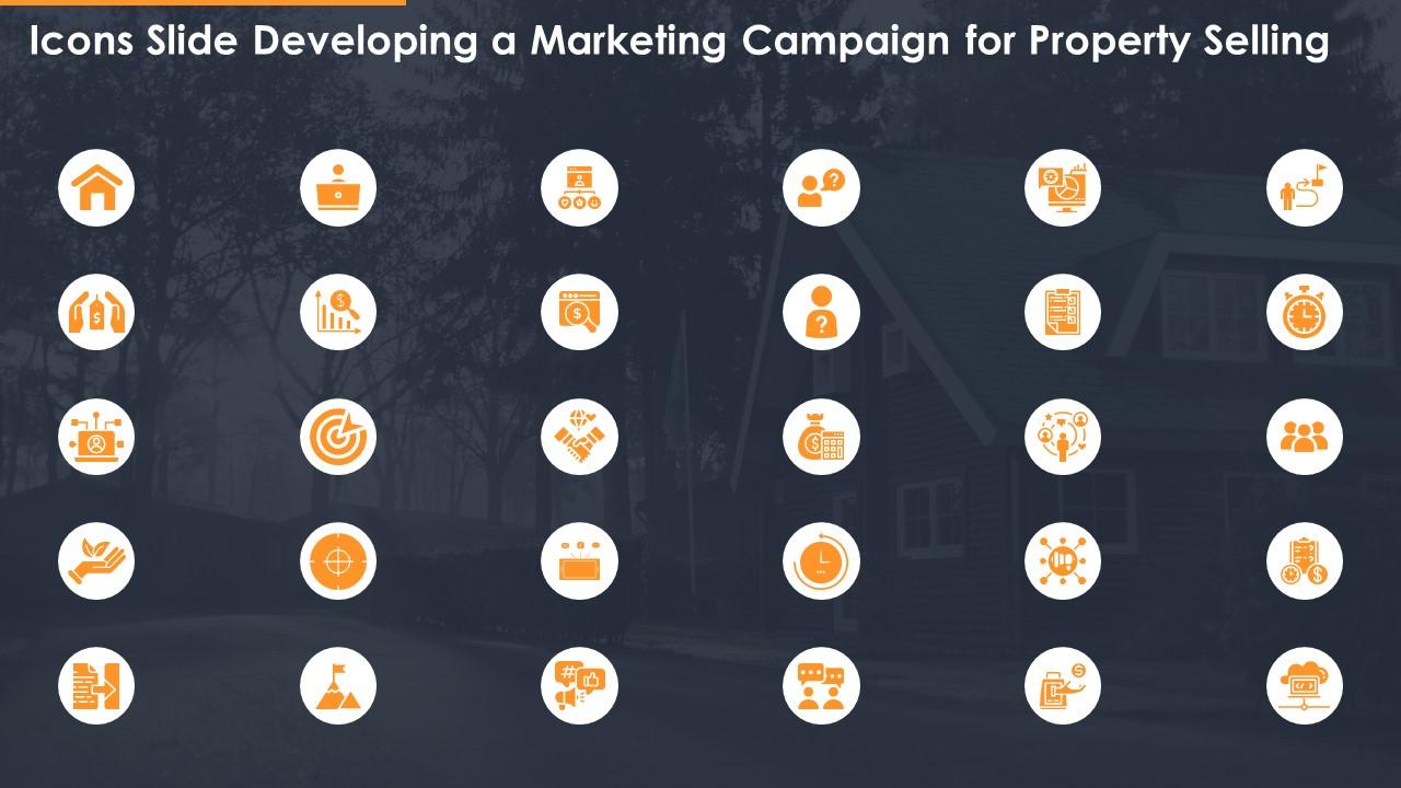 Icons slide developing a marketing campaign for property selling Slide01