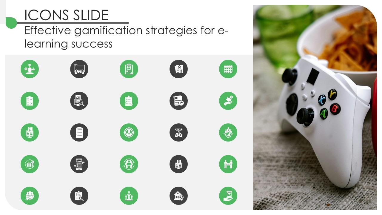 Icons Slide Effective Gamification Strategies For E Learning Success Ppt Template Gamification SS