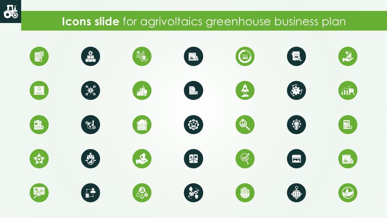 Icons Slide For Agrivoltaics Greenhouse Business Plan Ppt Slides BP SS
