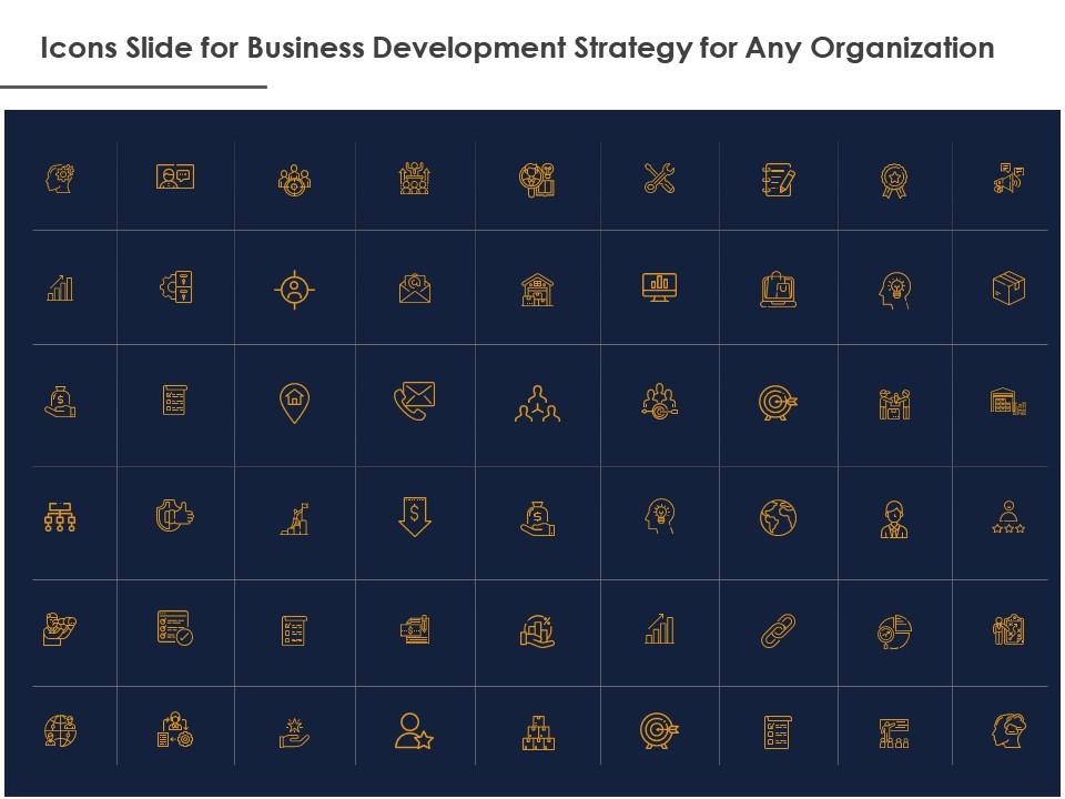 Icons slide for business development strategy for any organization ppt powerpoint graphics template Slide01