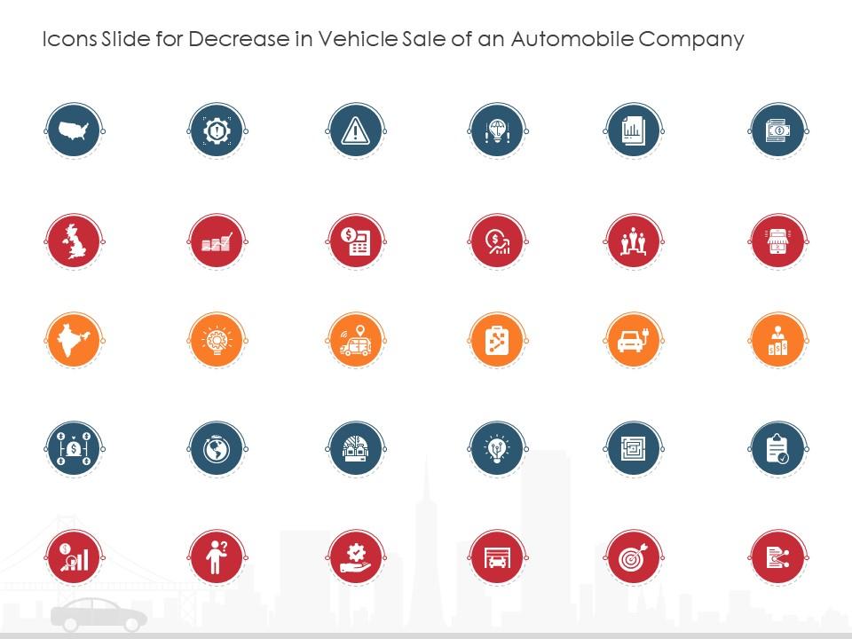 Icons slide for decrease in vehicle sale of an automobile company automobile company ppt themes Slide01
