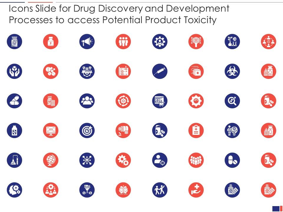 Icons slide for drug discovery and development processes to access potential product toxicity Slide01