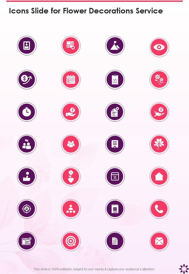 Icons Slide For Flower Decorations Service One Pager Sample Example Document Slide01