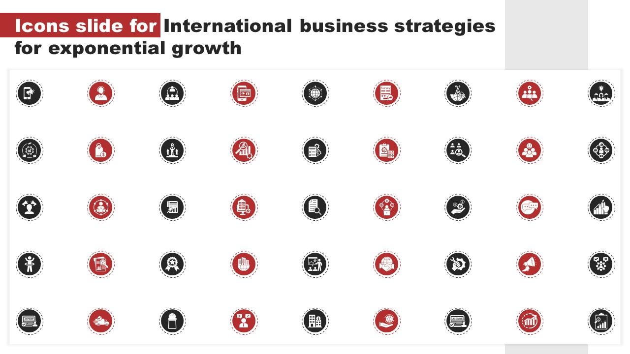 Icons Slide For International Business Strategies For Exponential Growth