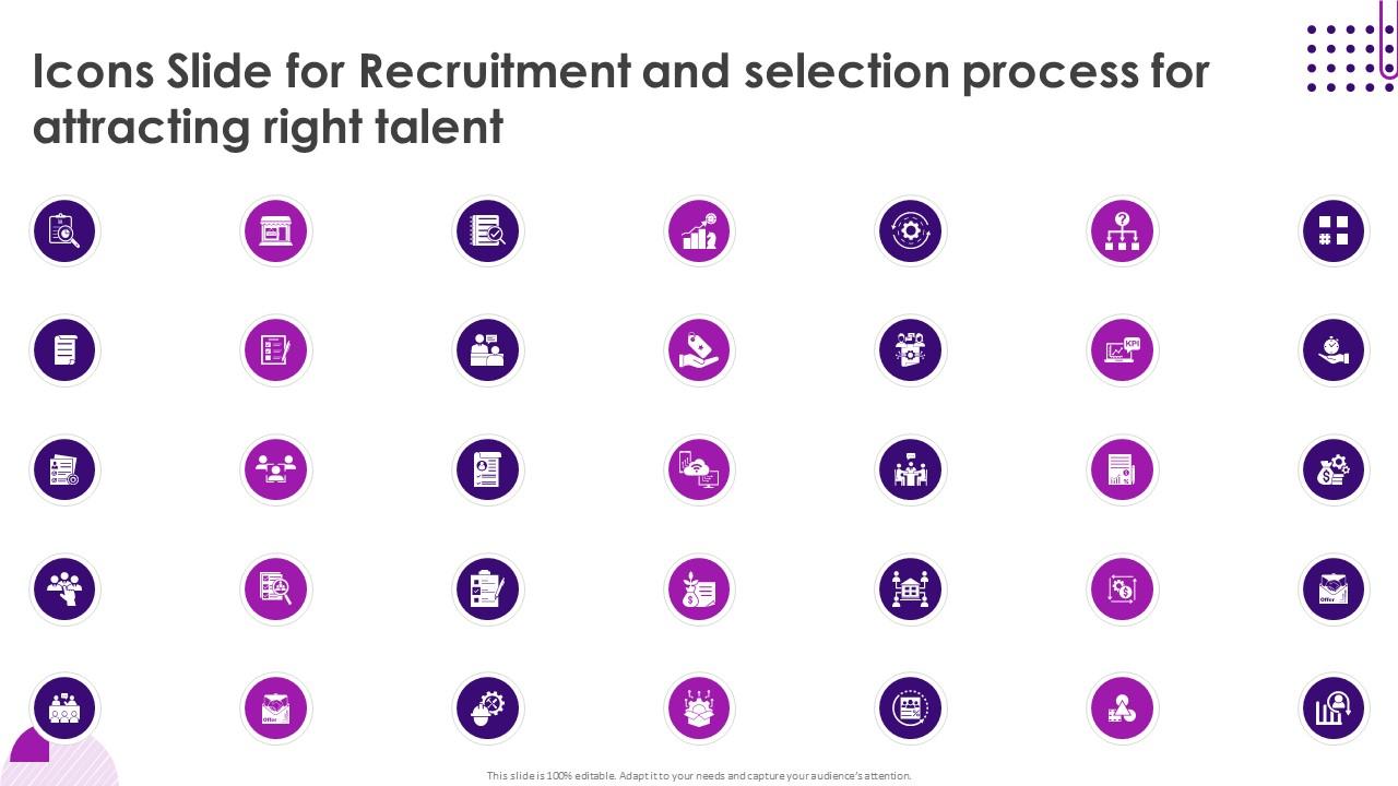 Icons Slide For Recruitment And Selection Process For Attracting Right Talent