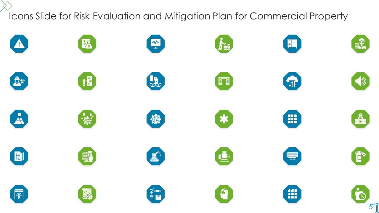 Icons Slide For Risk Evaluation And Mitigation Plan For Commercial Property Slide01