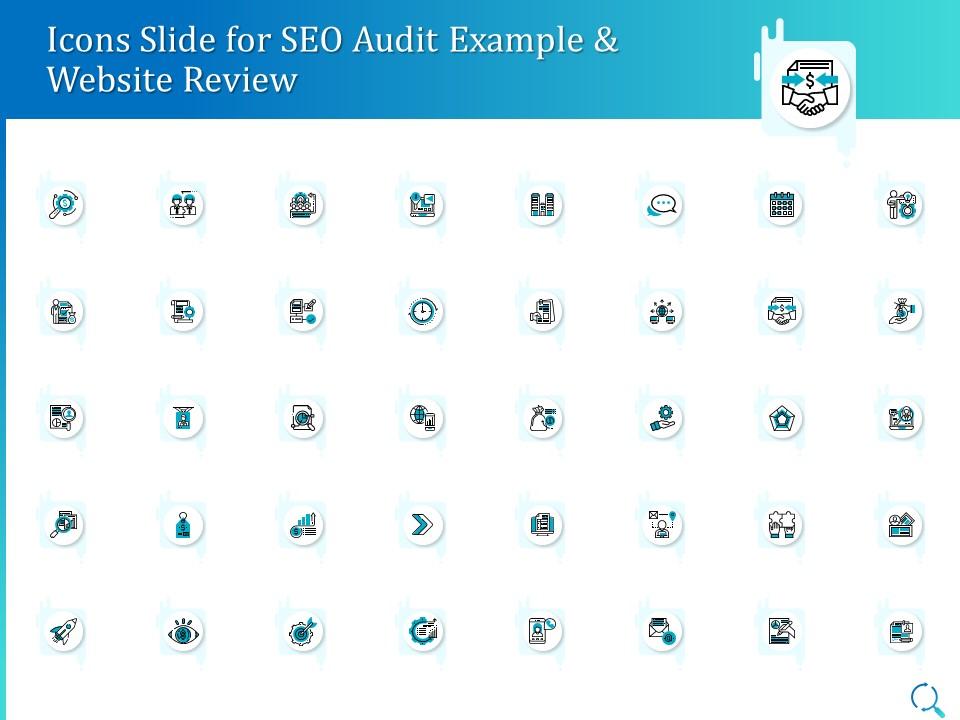 Icons slide for seo audit example and website review ppt powerpoint infographics Slide01