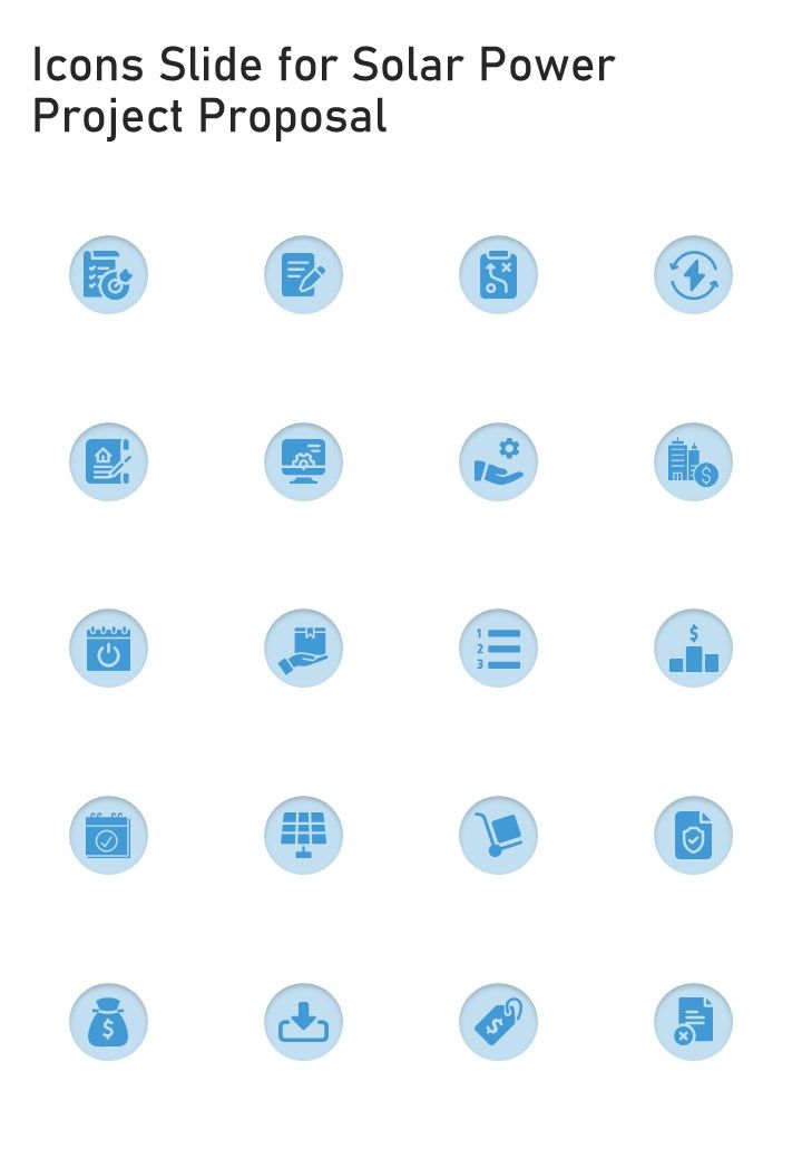 Icons Slide For Solar Power Project Proposal One Pager Sample Example Document Slide01