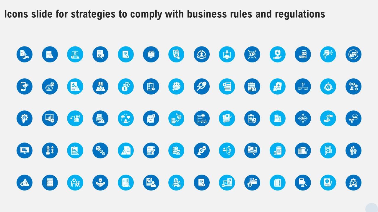 Icons Slide For Strategies To Comply With Business Rules And Regulations Strategy SS V