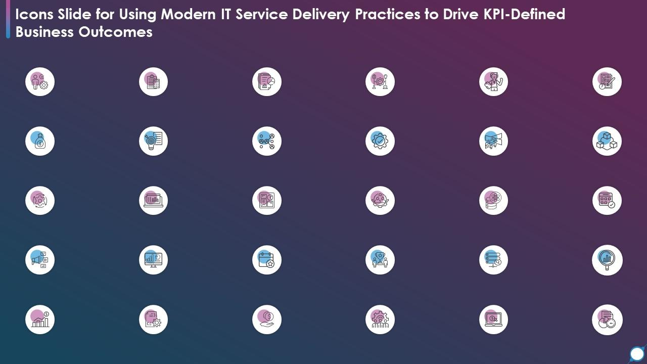 Icons Slide For Using Modern It Service Delivery Practices Drive Kpi Defined Business Outcomes Slide01
