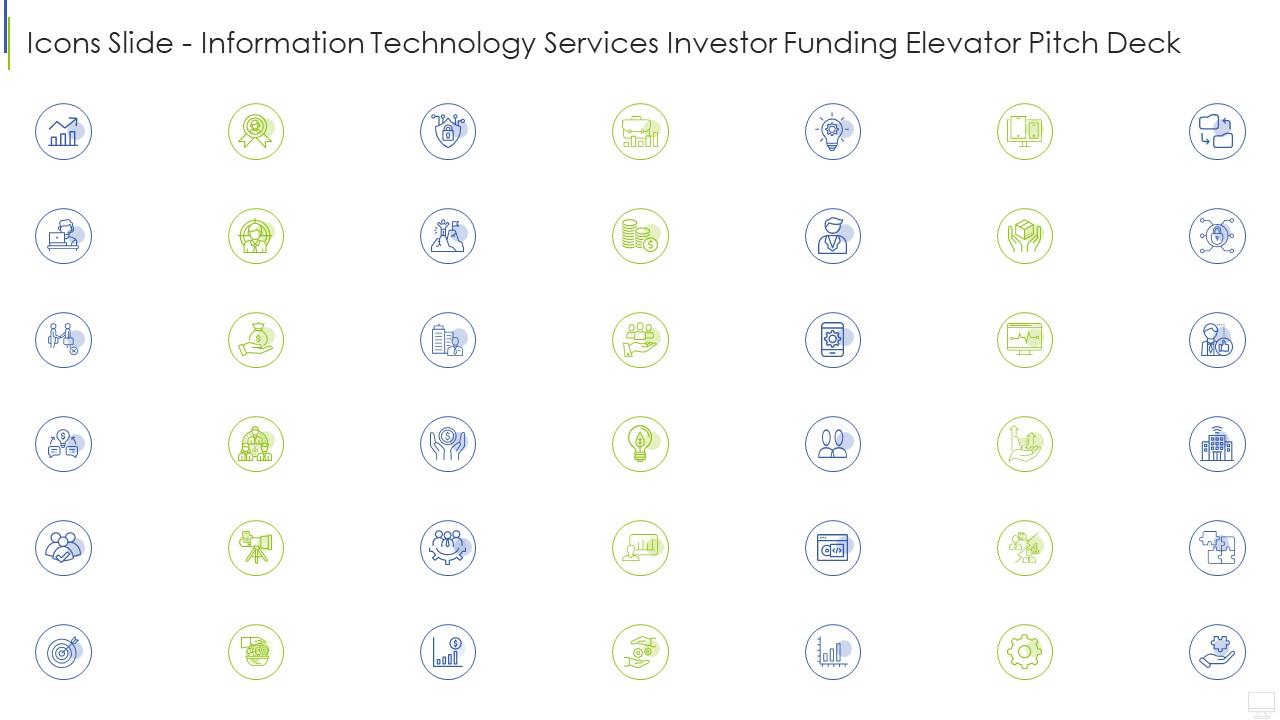 Icons slide information technology services investor funding elevator pitch deck Slide01