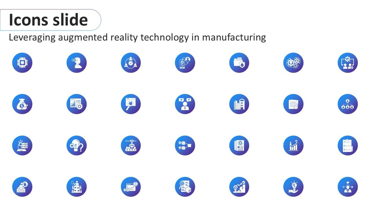 Icons Slide Leveraging Augmented Reality Technology In Manufacturing Ppt PowerPoint