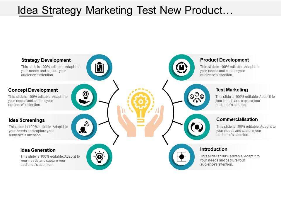 Idea strategy marketing test new product development with icons Slide01